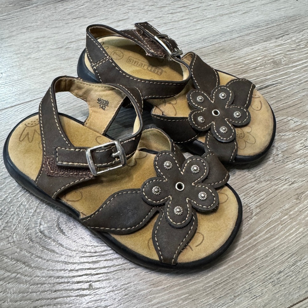 Smartfit Girls Brown Floral Studded Sandals Skid Resistant Hook Loop Size 7